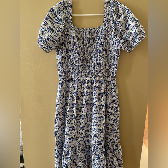 KOO DE KER Modest Floral Dress smocked bodice, & short sleeves Blue/White Size L - Picture 7 of 16